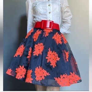 Maeve Whimsical Navy Tuille Skirt with Bright Orange Floral Appliqué Size 8